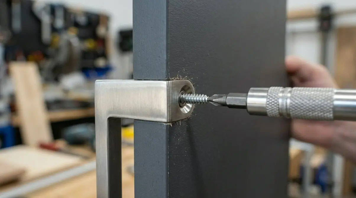 Technical macro shot of a sleek cabinet handle being installed on a charcoal grey door with precision tools.